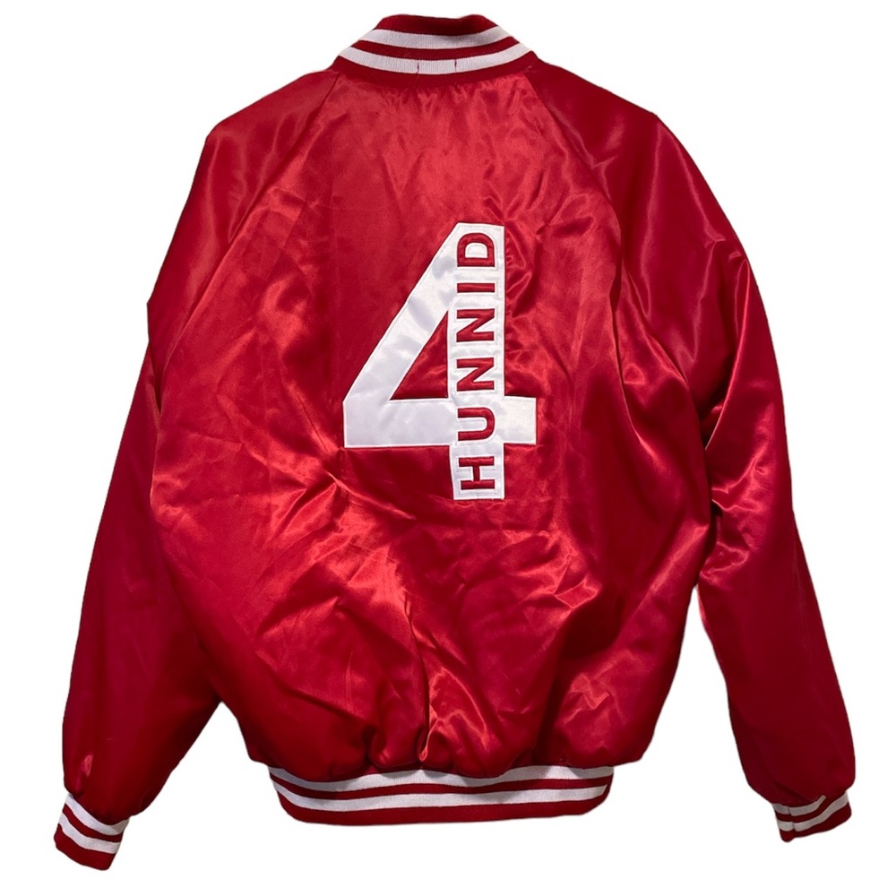 4Hunnid RARE red & white satin bomber button up jacket